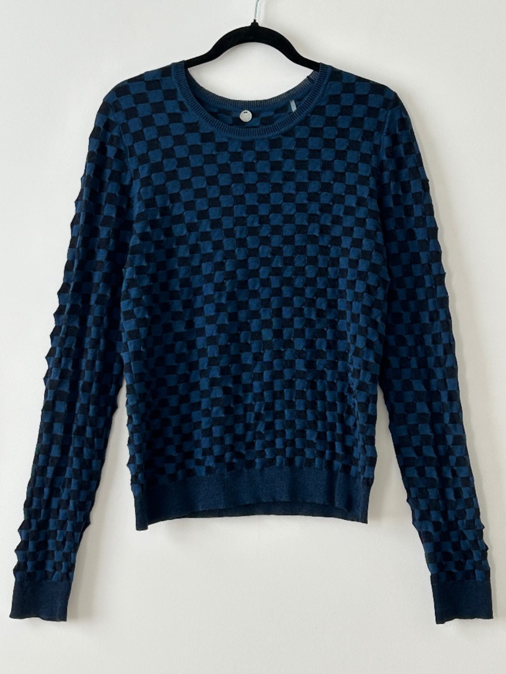 Margaret O'Leary 100% Cotton Black & Blue Checkerboard Textured Sweater
